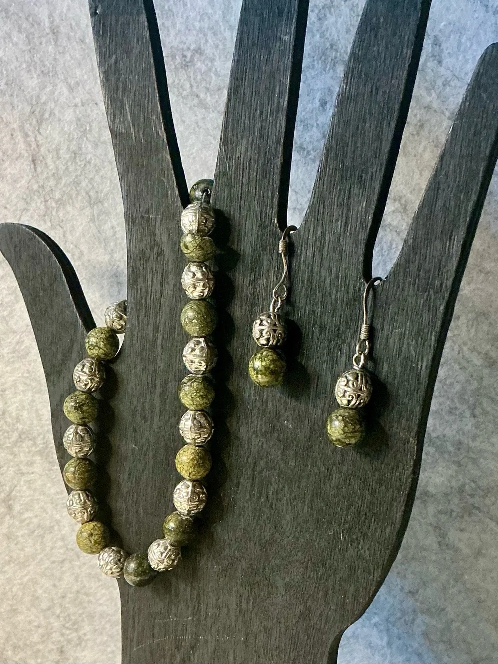 Artisan Jasper & Silver Tone Metal Filigree Beads Bracelet and Earrings Set READ